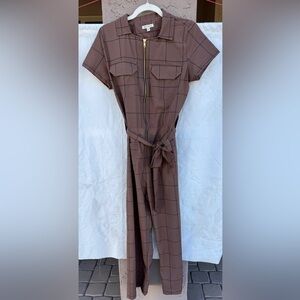 Albion Brown Plaid Jumpsuit with Gold Zipper, Wide Leg, Full Length - XS